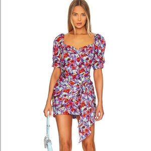 For Love And Lemons Red and Blue Puff Sleeve Mini Dress